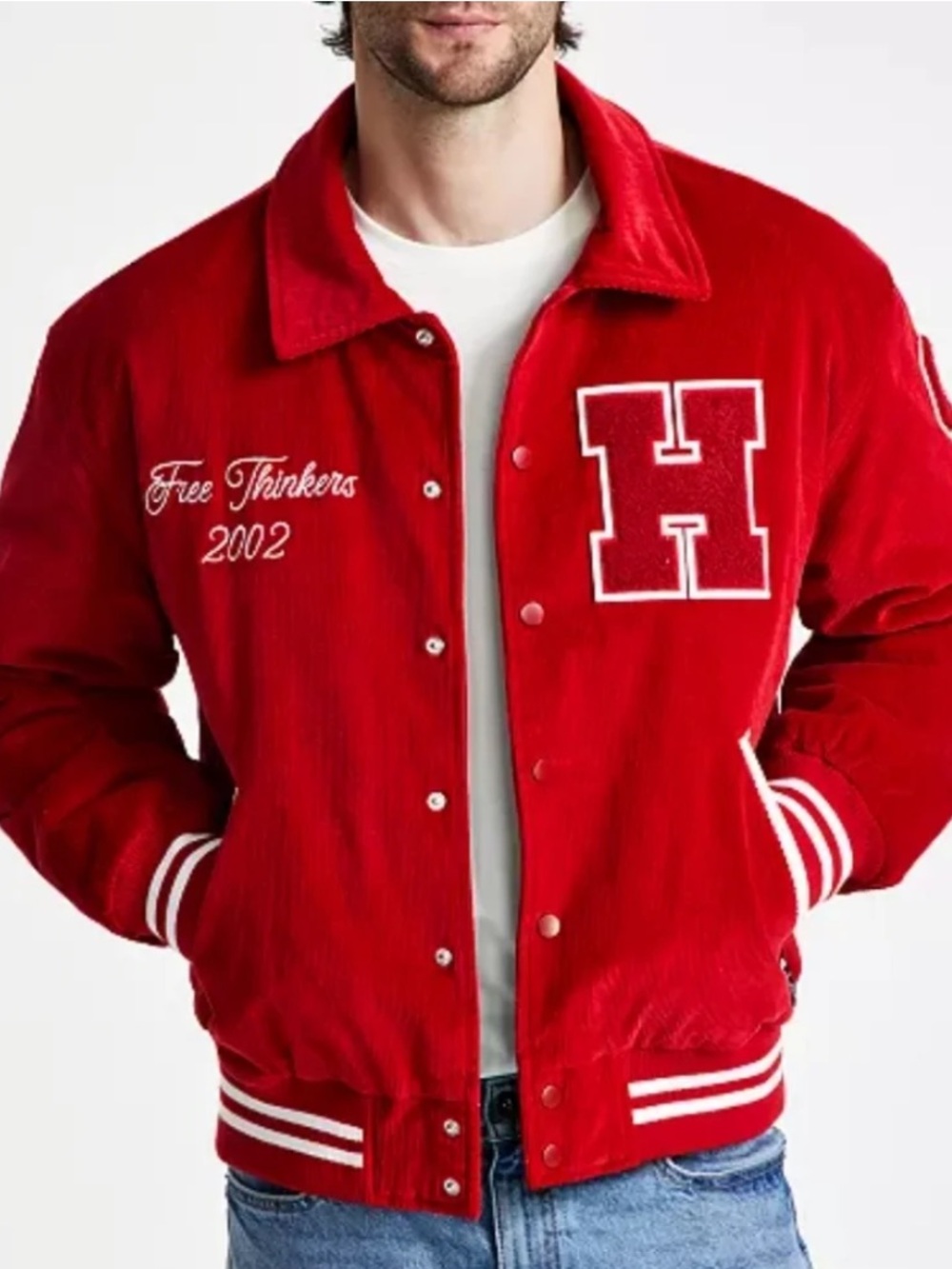 Hudson Jeans Free Thinkers 2002 Red Corduroy Varsity Letterman Bomber Jacket S
